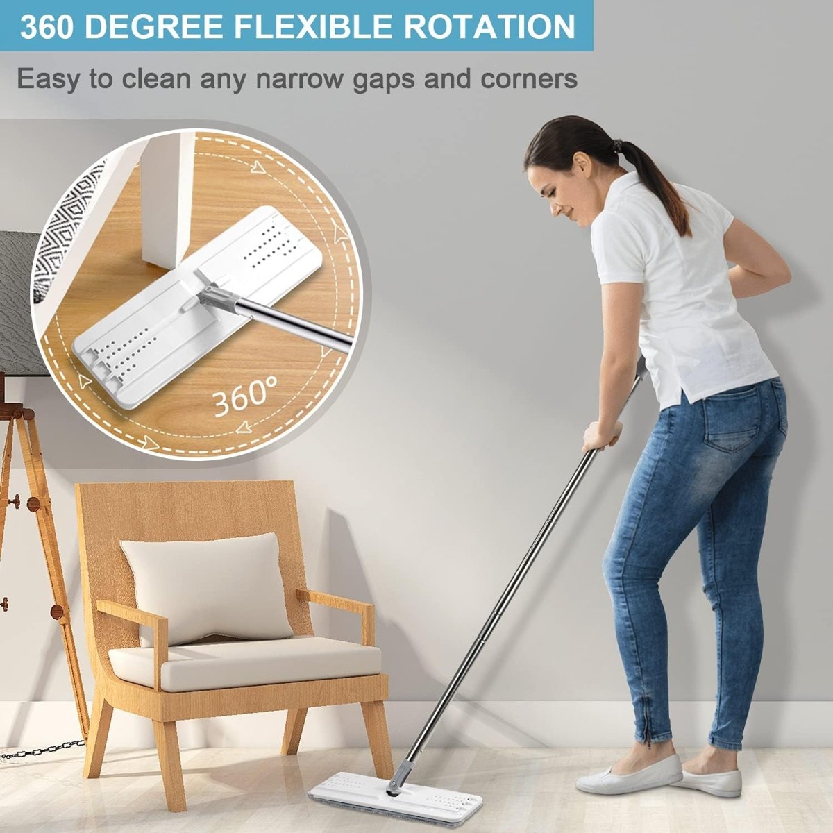 BOSHENG Mop and Bucket with Wringer Set Hands Free Flat Floor Mop 3 Microfiber Pads Wet Dry Cleaning System - LNJ Liquidations