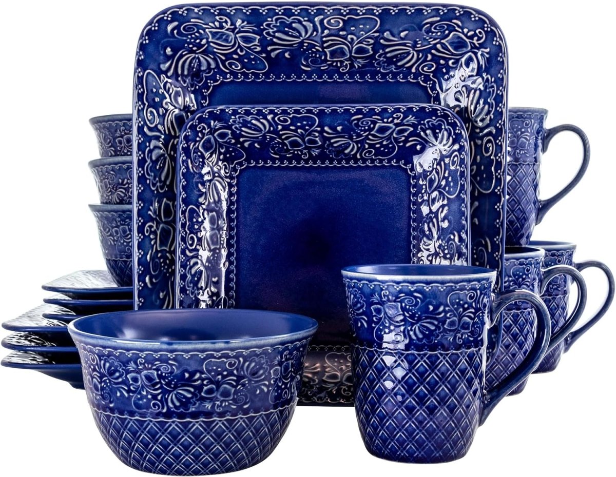 Elama Indigo Lotus 16 Piece Square Stoneware Dinnerware Set - LNJ Liquidations