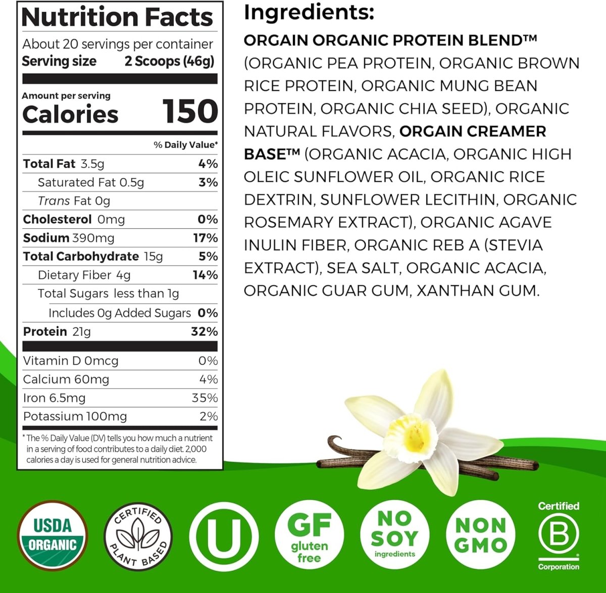Orgain Organic Vegan Protein Powder Vanilla Bean 2.03 lb 21g Plant Protein - LNJ Liquidations