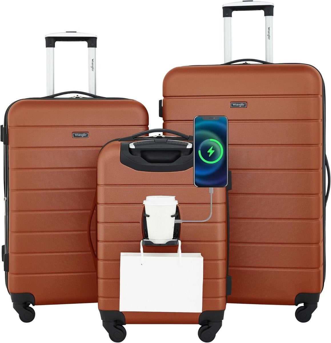 Wrangler Smart Luggage Set with Cup Holder and USB Port, Burnt Orange, 3 Piece - LNJ Liquidations