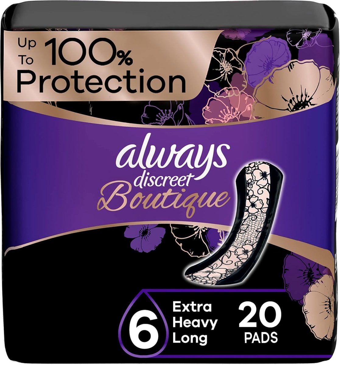 Always Discreet Boutique Incontinence Pads, Size 6, Extra Heavy Absorption, Long, 20 Pads - LNJ Liquidations