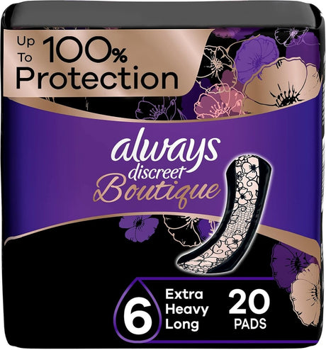 Always Discreet Boutique Incontinence Pads, Size 6, Extra Heavy Absorption, Long, 20 Pads - LNJ Liquidations
