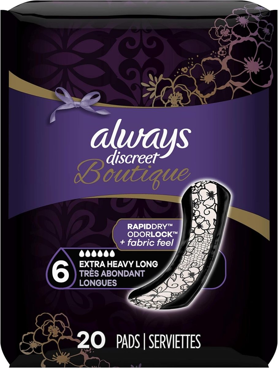 Always Discreet Boutique Incontinence Pads, Size 6, Extra Heavy Absorption, Long, 20 Pads - LNJ Liquidations