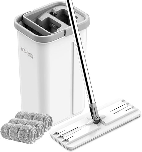 BOSHENG Mop and Bucket with Wringer Set Hands Free Flat Floor Mop 3 Microfiber Pads Wet Dry Cleaning System - LNJ Liquidations