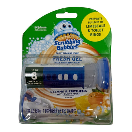 Scrubbing Bubbles Fresh Gel Toilet Cleaning Stamp, Citrus, Dispenser with 6 Gel Stamps, 1.34 oz - LNJ Liquidations