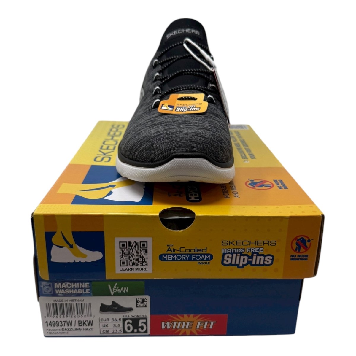 Skechers Women's Summits Hands - Free Slip - Ins â€“ Memory Foam Insole, Heel Pillow, Vegan Materials Sneaker, Black White, 6.5 Wide - Clothing And Accessories - LNJ Liquidations